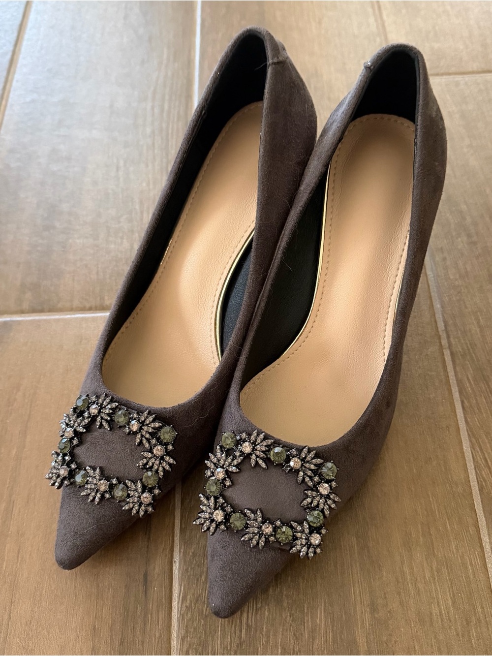 Pointed Toe Embellished Brown Suede Pumps - Women's Heels